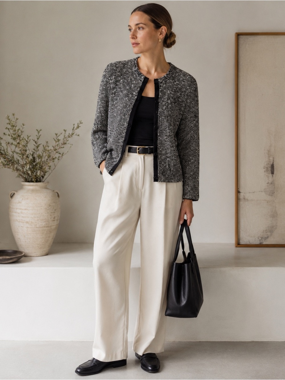 Eileen Fisher Organic Linen Cotton Knit Cardigan Black White M Minimalist Chic